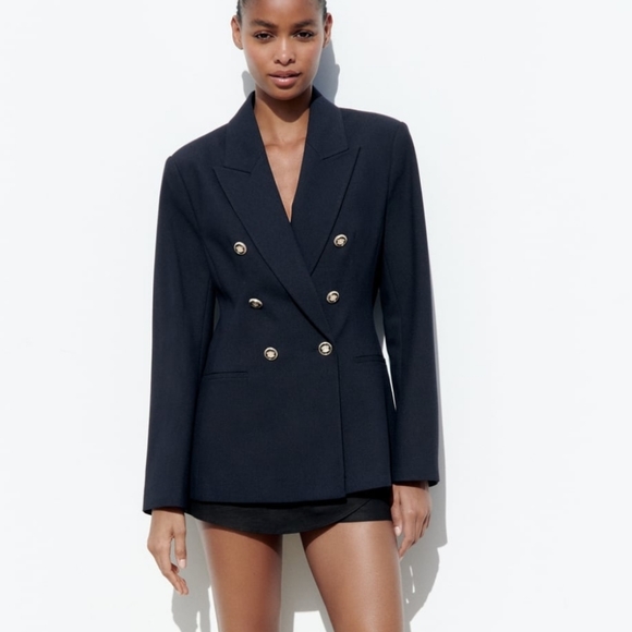 ZARA * DOUBLE BREASTED BLAZER NAVY PIQUE BLAZER - Picture 7 of 13